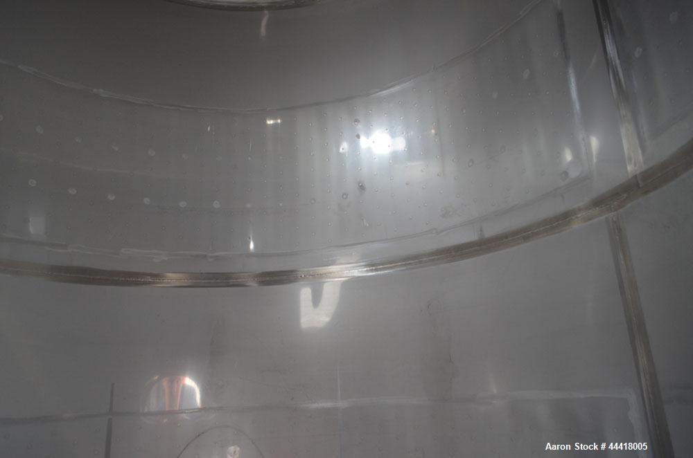 Used Vinquip Jacketed Beverage Tank,  2284 Gallon, 304 Stainless Steel, Vertical. Approximately 83” diameter x 97-1/2” straight side, off center coned top, sloped bottom. (1) 24” Wide bottom sidewall...