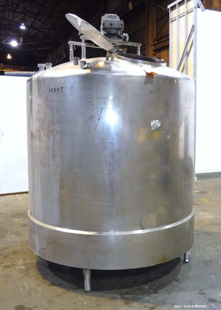 Used Tank, 1000 Gallon, 304 Stainless Steel, Vertical.  Approximately 72" diameter x 60" straight side, dished top, sloped bottom.  Fixed stainless steel agitator mount.  Approximately 2" diameter sh...