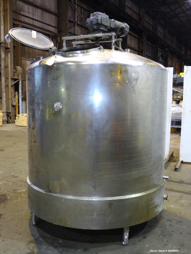 Used Tank, 1000 Gallon, 304 Stainless Steel, Vertical.  Approximately 72" diameter x 60" straight side, dished top, sloped bottom.  Fixed stainless steel agitator mount.  Approximately 2" diameter sh...