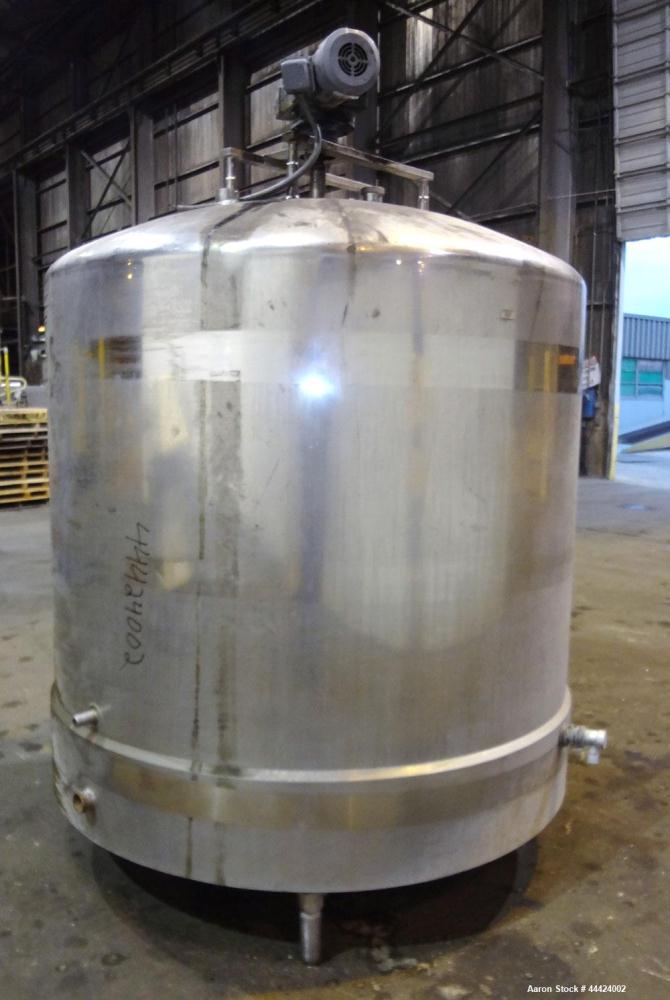 Used Tank, 1000 Gallon, 304 Stainless Steel, Vertical.  Approximately 72" diameter x 60" straight side, dished top, sloped bottom.  Fixed stainless steel agitator mount.  Approximately 2" diameter sh...