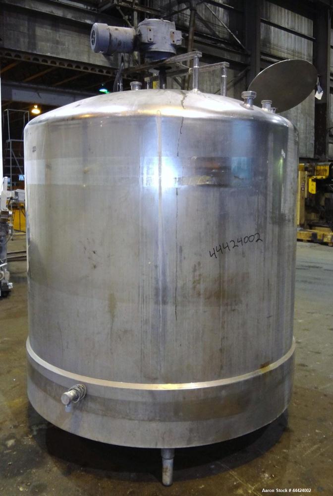 Used Tank, 1000 Gallon, 304 Stainless Steel, Vertical.  Approximately 72" diameter x 60" straight side, dished top, sloped bottom.  Fixed stainless steel agitator mount.  Approximately 2" diameter sh...