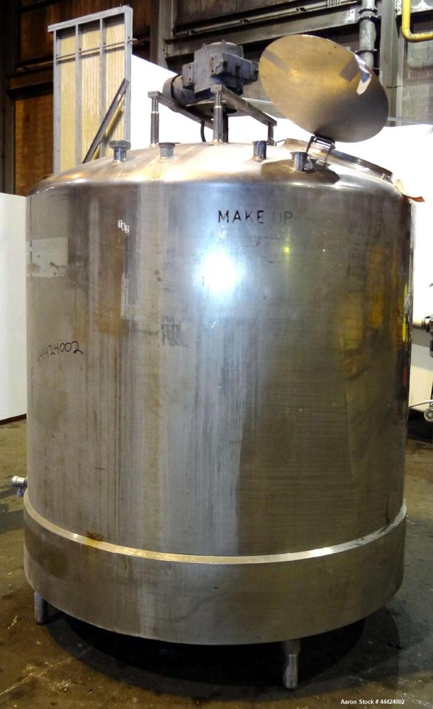 Used Tank, 1000 Gallon, 304 Stainless Steel, Vertical.  Approximately 72" diameter x 60" straight side, dished top, sloped bottom.  Fixed stainless steel agitator mount.  Approximately 2" diameter sh...