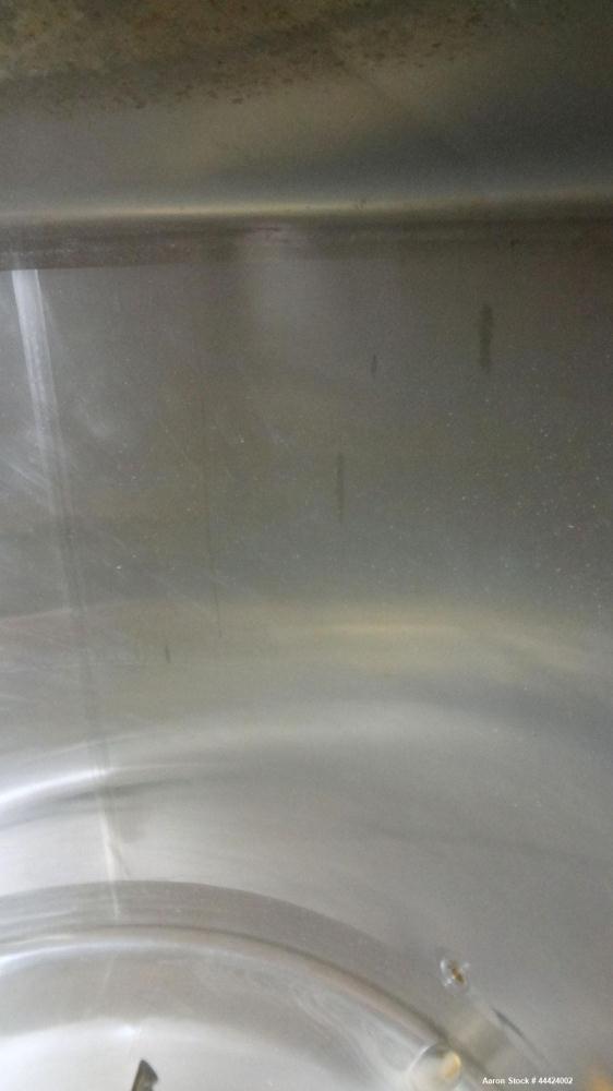 Used Tank, 1000 Gallon, 304 Stainless Steel, Vertical.  Approximately 72" diameter x 60" straight side, dished top, sloped bottom.  Fixed stainless steel agitator mount.  Approximately 2" diameter sh...