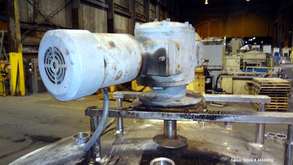Used Tank, 1000 Gallon, 304 Stainless Steel, Vertical.  Approximately 72" diameter x 60" straight side, dished top, sloped bottom.  Fixed stainless steel agitator mount.  Approximately 2" diameter sh...