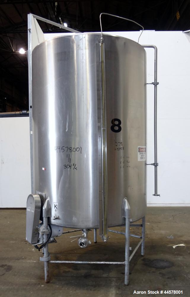 Used Tank, 1000 Gallon, 304 Stainless Steel, Vertical. 60” Diameter x 82” straight side, flat welded top, sloped bottom. Side Bottom entering agitator with a 3 blade prop, driven by a 3hp, 3/60/230/4...