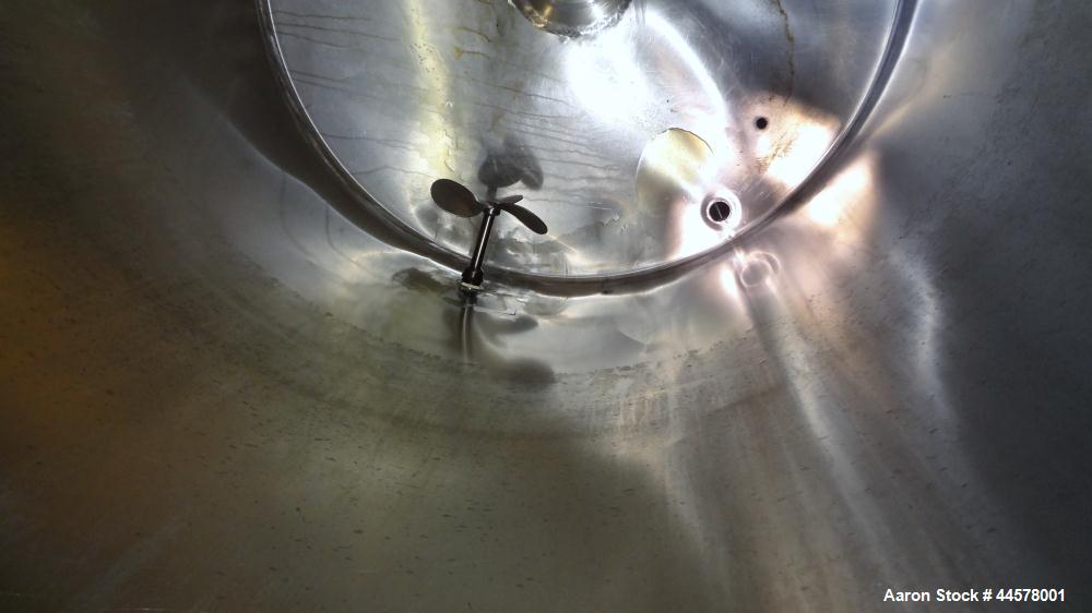 Used Tank, 1000 Gallon, 304 Stainless Steel, Vertical. 60” Diameter x 82” straight side, flat welded top, sloped bottom. Side Bottom entering agitator with a 3 blade prop, driven by a 3hp, 3/60/230/4...