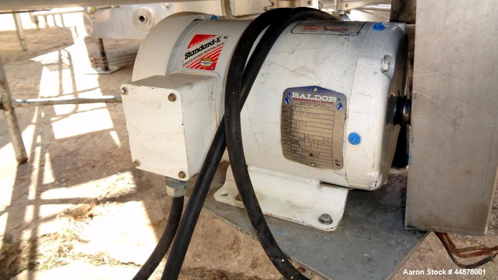 Used Tank, 1000 Gallon, 304 Stainless Steel, Vertical. 60” Diameter x 82” straight side, flat welded top, sloped bottom. Side Bottom entering agitator with a 3 blade prop, driven by a 3hp, 3/60/230/4...