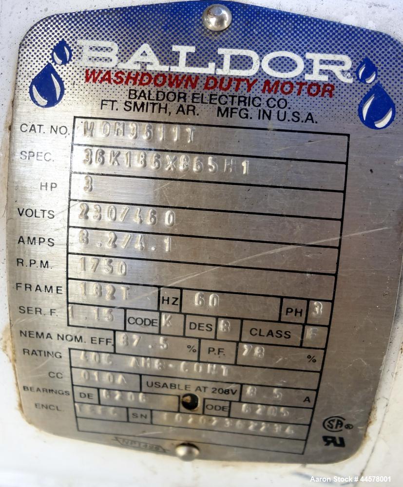 Used Tank, 1000 Gallon, 304 Stainless Steel, Vertical. 60” Diameter x 82” straight side, flat welded top, sloped bottom. Side Bottom entering agitator with a 3 blade prop, driven by a 3hp, 3/60/230/4...