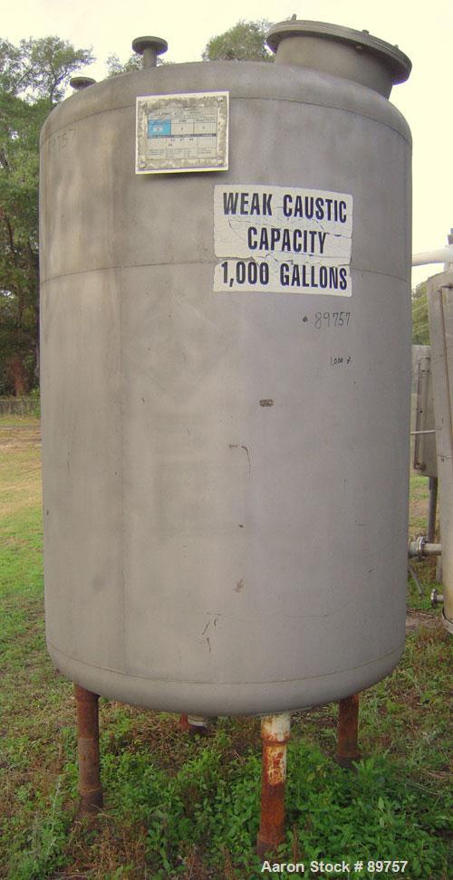 Used Tank, 1000 Gallon, stainless steel, vertical. Approximately 54" diameter x 76" straight side. Dish top and bottom. Openings: top 18" manway with bolt-on cover, (2) 2", 1", 3"; 2" center bottom o...