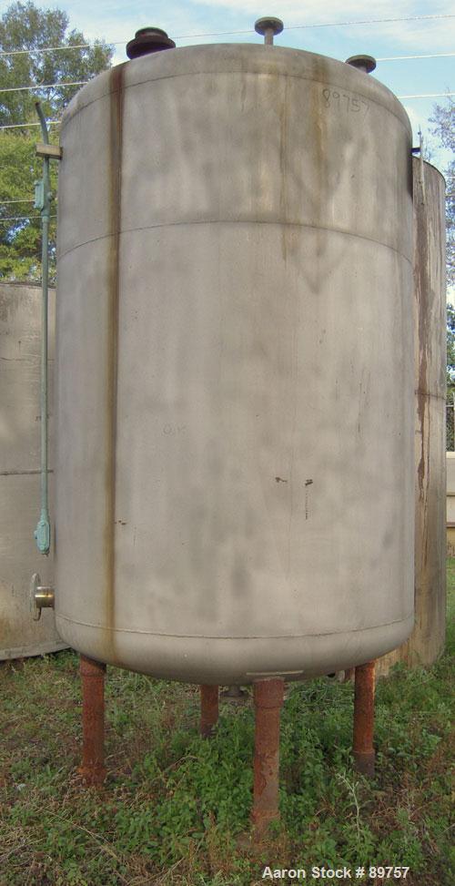 Used Tank, 1000 Gallon, stainless steel, vertical. Approximately 54" diameter x 76" straight side. Dish top and bottom. Openings: top 18" manway with bolt-on cover, (2) 2", 1", 3"; 2" center bottom o...