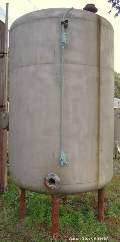 Used Tank, 1000 Gallon, stainless steel, vertical. Approximately 54" diameter x 76" straight side. Dish top and bottom. Openings: top 18" manway with bolt-on cover, (2) 2", 1", 3"; 2" center bottom o...