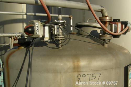 Used Tank, 1000 Gallon, stainless steel, vertical. Approximately 54" diameter x 76" straight side. Dish top and bottom. Openings: top 18" manway with bolt-on cover, (2) 2", 1", 3"; 2" center bottom o...