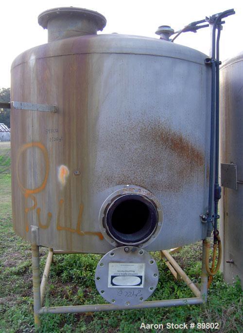 Used Tank, 1,500 Gallon, stainless steel, vertical. 84" diameter x 60" straight side. Dish top, cone bottom. Openings:  top 6", (3) 1-1/2" NPT, 3", 2", 6", 20" manway with cover; side 12" manway with...