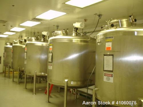 Used Mueller Agitated Tank, 1000 Gallon, Model F. 6' diameter x 4' straight side, dish top and bottom, off center 1 hp Lightnin agitator drive with mechanical seal, 230/460 volt, 3 blade turbine agit...