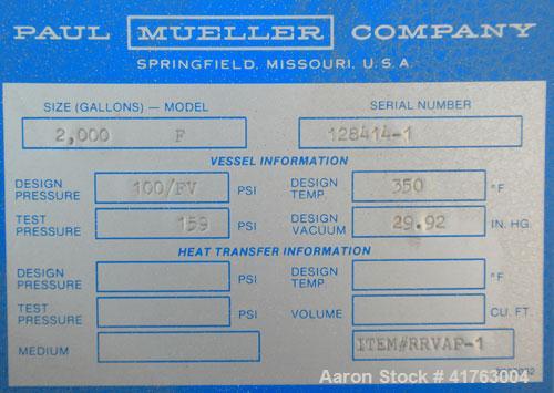 Used Mueller Pressure Tank, 2000 Gallon, Model F, 316L Stainless Steel, Vertical. 72" diameter x 105" straight side, 2 to 1 elliptical top and bottom. Internal rated 100/FV psi at 350 deg.f., -20 deg...