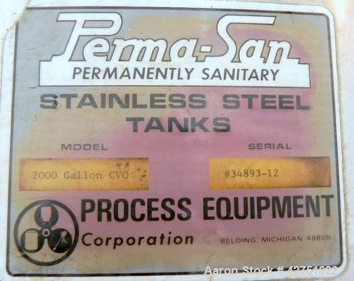 Used Perma-San Tank, 2000 Gallon, Model CVC, 304 Stainless Steel Vertical. 84" Diameter x 80" straight side. Dished top, coned bottom. Openings top 2", 4", 18" man way with cover, side 2". 3" Tri-cla...