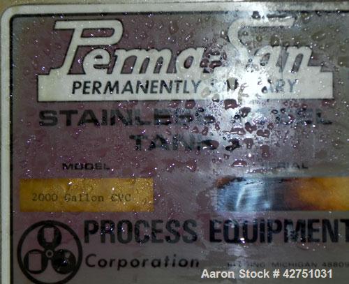 Used Perma-San Tank, 2000 Gallon, Model CVC, 304 Stainless Steel Vertical. 84" Diameter x 80" straight side. Dished top, coned bottom. Openings top (2) 2", 4", 18" man way with cover, side 2". 3" Tri...