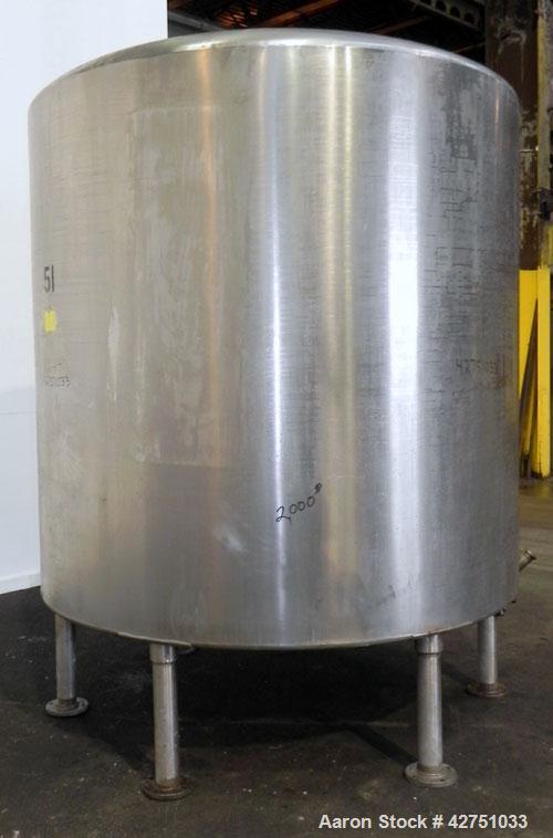Used Perma-San Tank, 2000 Gallon, Model CVC, 304 Stainless Steel Vertical. 84" Diameter x 80" straight side. Dished top, coned bottom. Openings top (2) 2", 4", 18" man way with cover, side 2". 3" Tri...