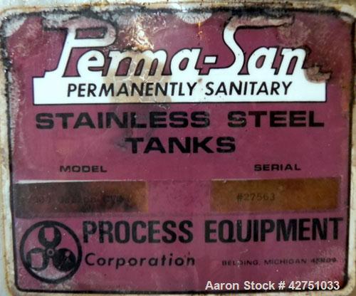 Used Perma-San Tank, 2000 Gallon, Model CVC, 304 Stainless Steel Vertical. 84" Diameter x 80" straight side. Dished top, coned bottom. Openings top (2) 2", 4", 18" man way with cover, side 2". 3" Tri...