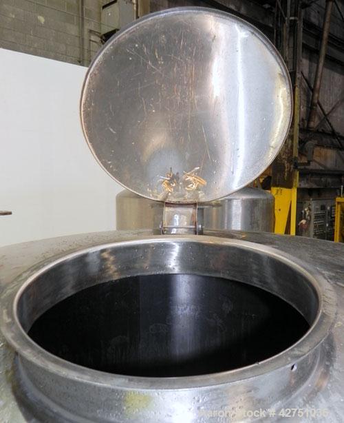 Used Perma-San Tank, 2000 Gallon, Model CVC, 304 Stainless Steel Vertical. 84" Diameter x 80" straight side. Dished top, coned bottom. Openings top (3) 2", 4", 18" man way with cover, side 2". 3" Tri...