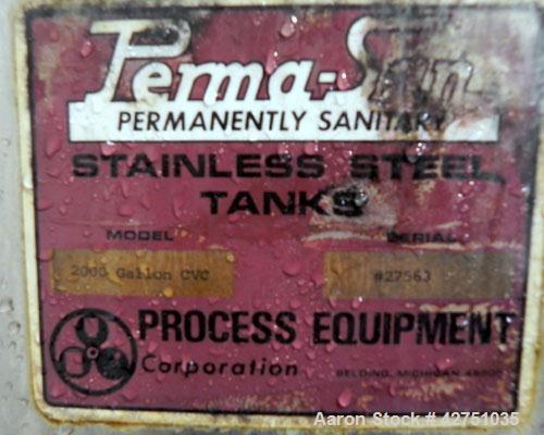 Used Perma-San Tank, 2000 Gallon, Model CVC, 304 Stainless Steel Vertical. 84" Diameter x 80" straight side. Dished top, coned bottom. Openings top (3) 2", 4", 18" man way with cover, side 2". 3" Tri...
