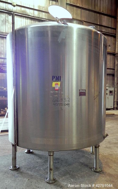 Used Perma-San Tank, 2000 Gallon, Model CVC, 304 Stainless Steel Vertical. 84" Diameter x 80" straight side. Dished top, coned bottom. Openings top 2", 18" man way with cover, side 2". 3" Tri-clamp c...