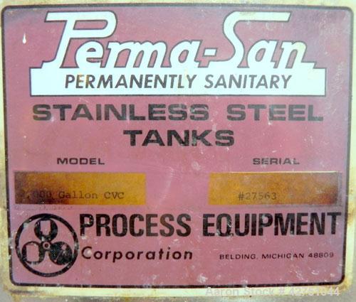 Used Perma-San Tank, 2000 Gallon, Model CVC, 304 Stainless Steel Vertical. 84" Diameter x 80" straight side. Dished top, coned bottom. Openings top 2", 18" man way with cover, side 2". 3" Tri-clamp c...