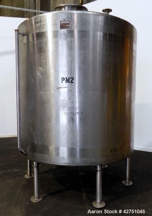 Used Perma-San Tank, 2000 Gallon, Model CVC, 304 Stainless Steel Vertical. 84" Diameter x 80" straight side. Dished top, coned bottom. Openings top 2", 4", 18" man way with cover, side 2". 3" Tri-cla...
