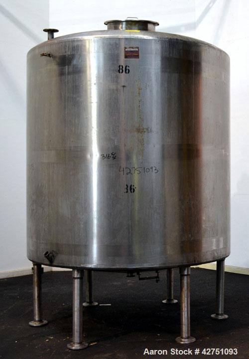 Used Perma-San Tank, 2000 Gallon, Model CVC, 316 Stainless Steel Vertical. 84” Diameter x 80” straight side. Dished top, coned bottom. Off center top entering Lightnin air operated agitator, model XJ...