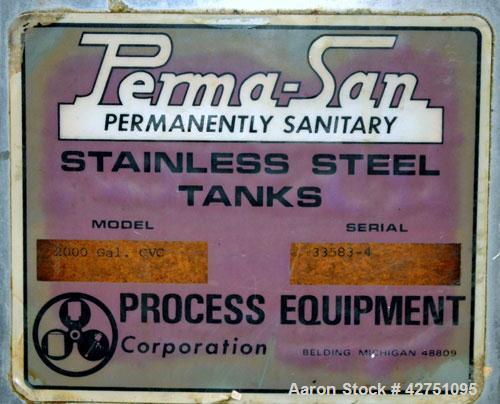 Used Perma-San Tank, 2000 Gallon, Model CVC, 316 Stainless Steel Vertical. 84” Diameter x 80” straight side. Dished top, coned bottom. Openings top 2”, 4”, 18” man way with cover, side 2”. 3” Center ...