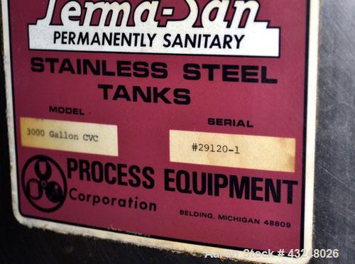 Used Perma-San Tank, 3000 Gallon, Model CVC, Stainless Steel, Vertical. Approximate 80” diameter x 142” straight side. Flat top, dished bottom. Top man way, 2-1/2” threaded center bottom outlet. Moun...