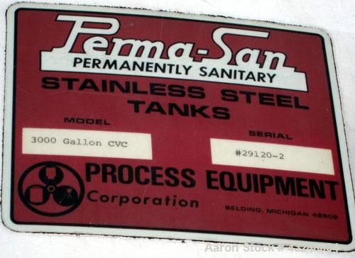 Used Perma-San Tank, 3000 Gallon, Model CVC, Stainless Steel, Vertical. Approximate 80” diameter x 142” straight side. Flat top, dished bottom. Top man way, 2-1/2” threaded center bottom outlet. Moun...