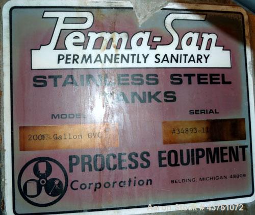 Used Perma-San Tank, 2000 Gallon, Model 2000 CVC, 304 Stainless Steel, Vertical. 84" Diameter x 80" straight side. Dished top, coned bottom. Openings top 2”, 4”, 18” man way with cover, side 2”. 3" C...