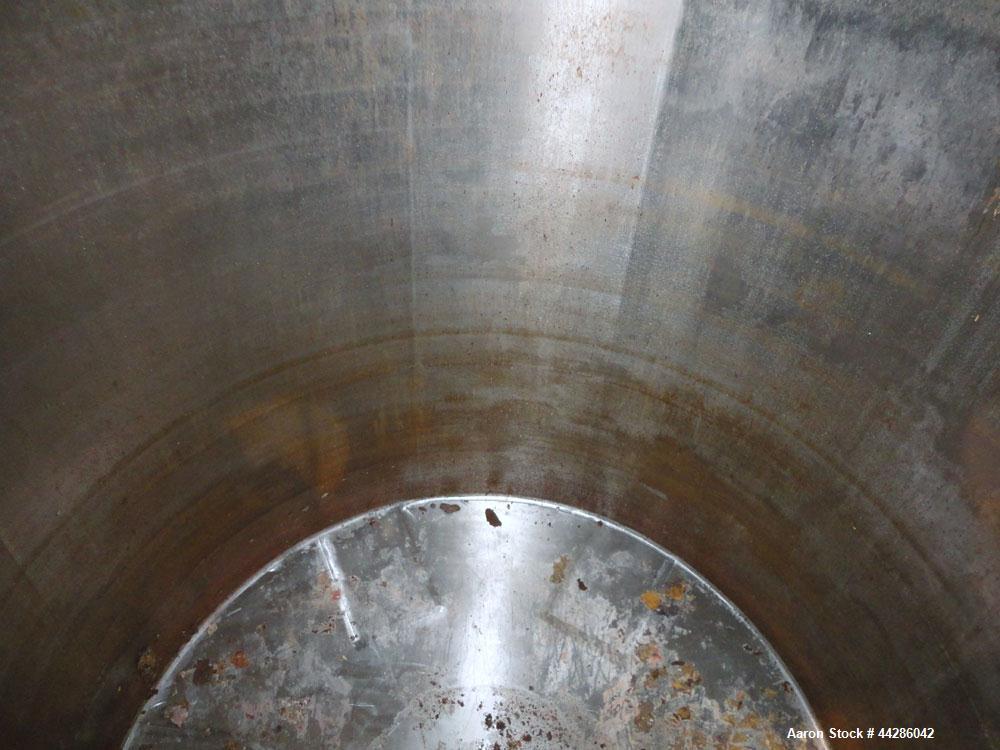 Used Perma-San Tank, 2000 Gallon, Model CVC, 304 Stainless Steel, Vertical. 84" Diameter x 80" straight side. Dished top, coned bottom. Openings top (2) 2”, 4”, 18” man way with cover, side 2”. 3" Ce...