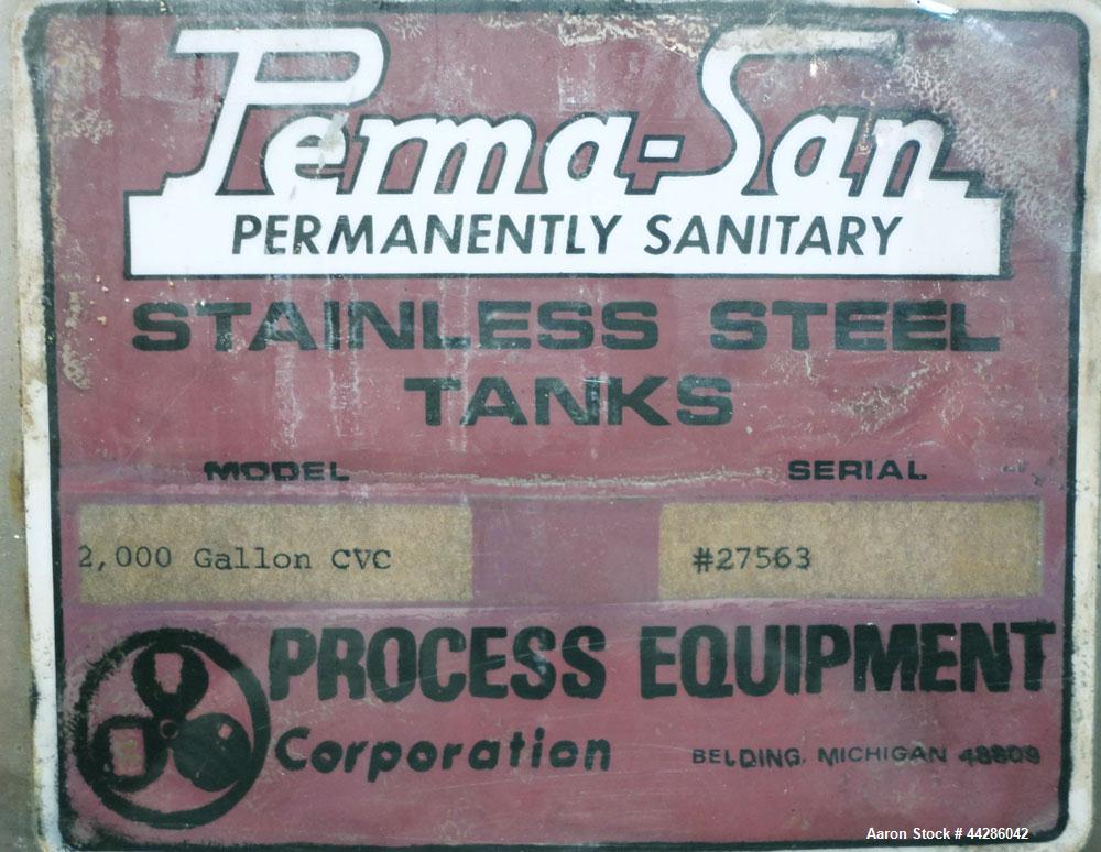 Used Perma-San Tank, 2000 Gallon, Model CVC, 304 Stainless Steel, Vertical. 84" Diameter x 80" straight side. Dished top, coned bottom. Openings top (2) 2”, 4”, 18” man way with cover, side 2”. 3" Ce...