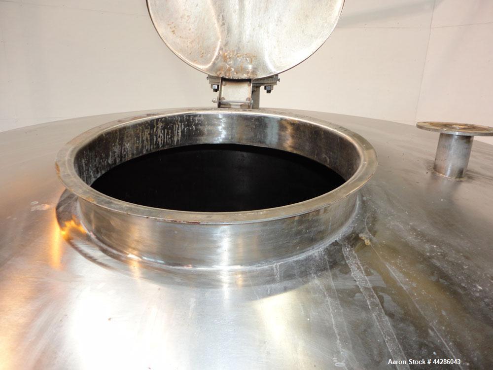 Used Perma-San Tank, 2000 Gallon, Model CVC, 304 Stainless Steel, Vertical. 84" Diameter x 80" straight side. Dished top, coned bottom. Openings top 2”, 4”, 18” man way with cover, side 2”. 3" Center...