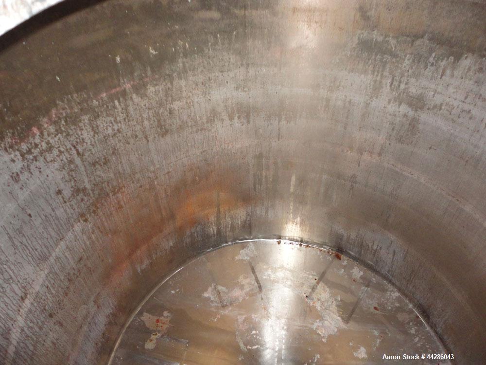 Used Perma-San Tank, 2000 Gallon, Model CVC, 304 Stainless Steel, Vertical. 84" Diameter x 80" straight side. Dished top, coned bottom. Openings top 2”, 4”, 18” man way with cover, side 2”. 3" Center...
