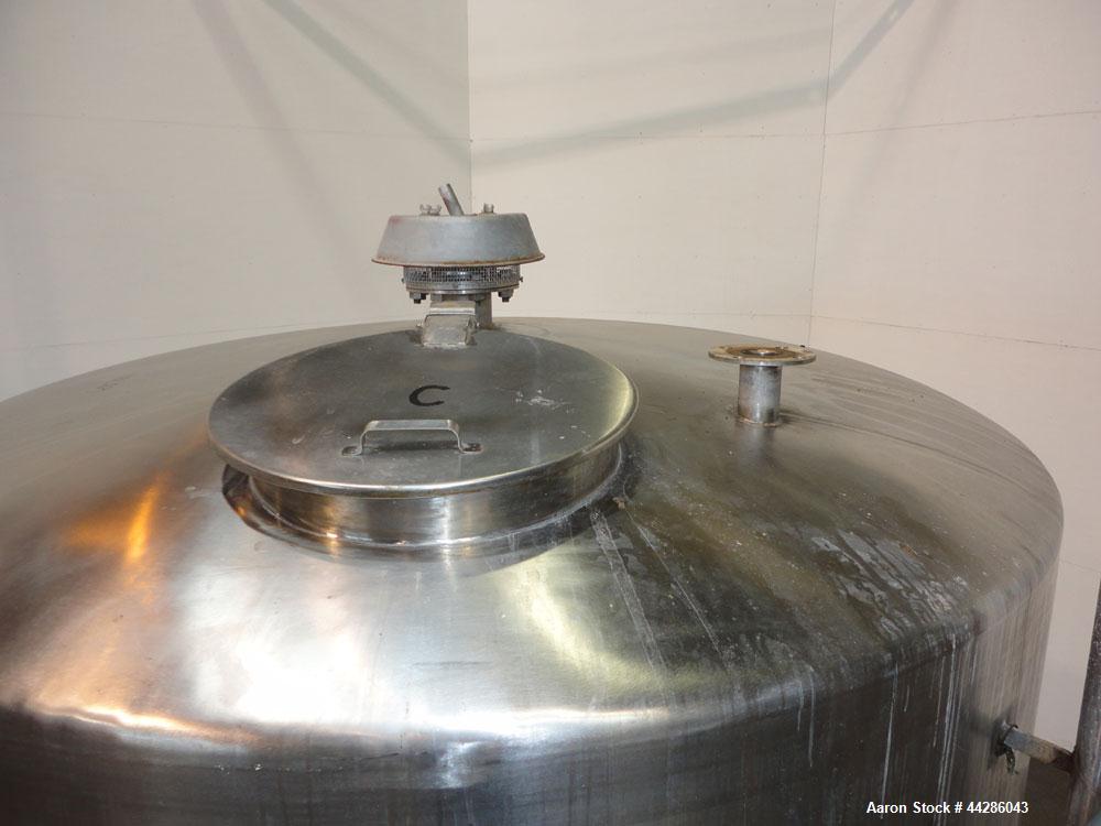 Used Perma-San Tank, 2000 Gallon, Model CVC, 304 Stainless Steel, Vertical. 84" Diameter x 80" straight side. Dished top, coned bottom. Openings top 2”, 4”, 18” man way with cover, side 2”. 3" Center...