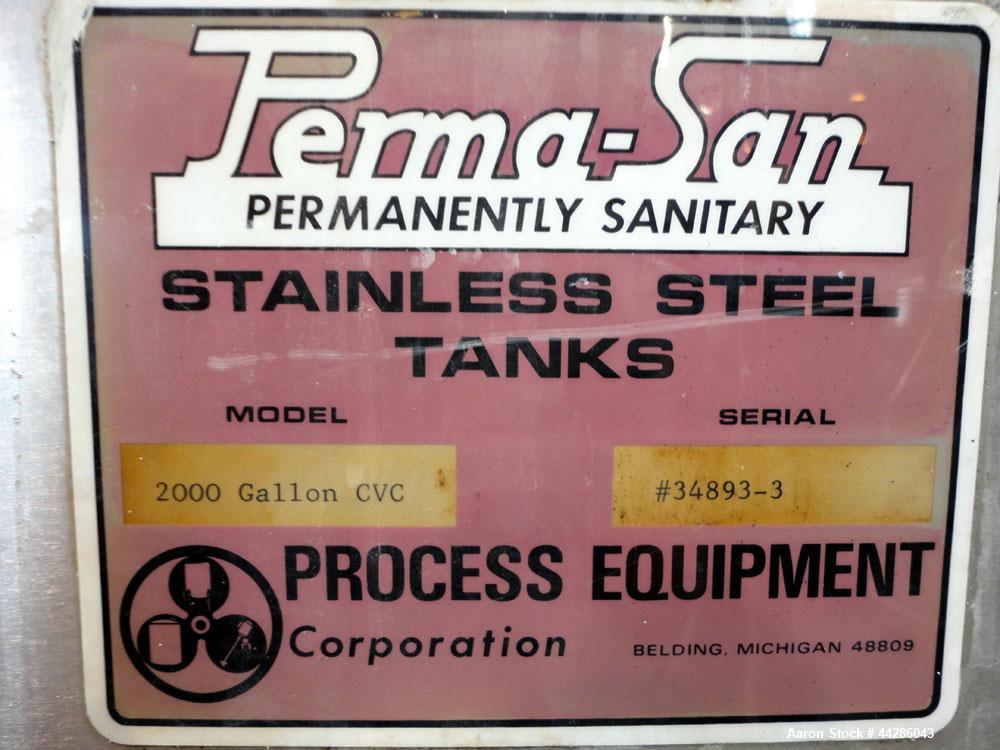 Used Perma-San Tank, 2000 Gallon, Model CVC, 304 Stainless Steel, Vertical. 84" Diameter x 80" straight side. Dished top, coned bottom. Openings top 2”, 4”, 18” man way with cover, side 2”. 3" Center...