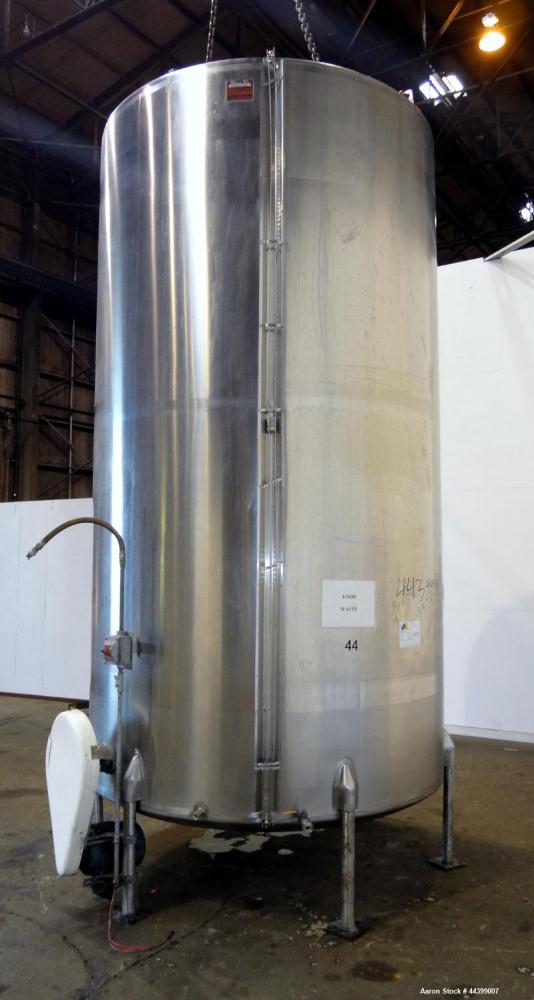 Used Perma-San Tank, 3000 Gallon, 304 Stainless Steel, Vertical.  Approximately 80" diameter x 143" straight side, flat welded top, dished bottom.  Side bottom entering agitator with a 3 blade prop, ...