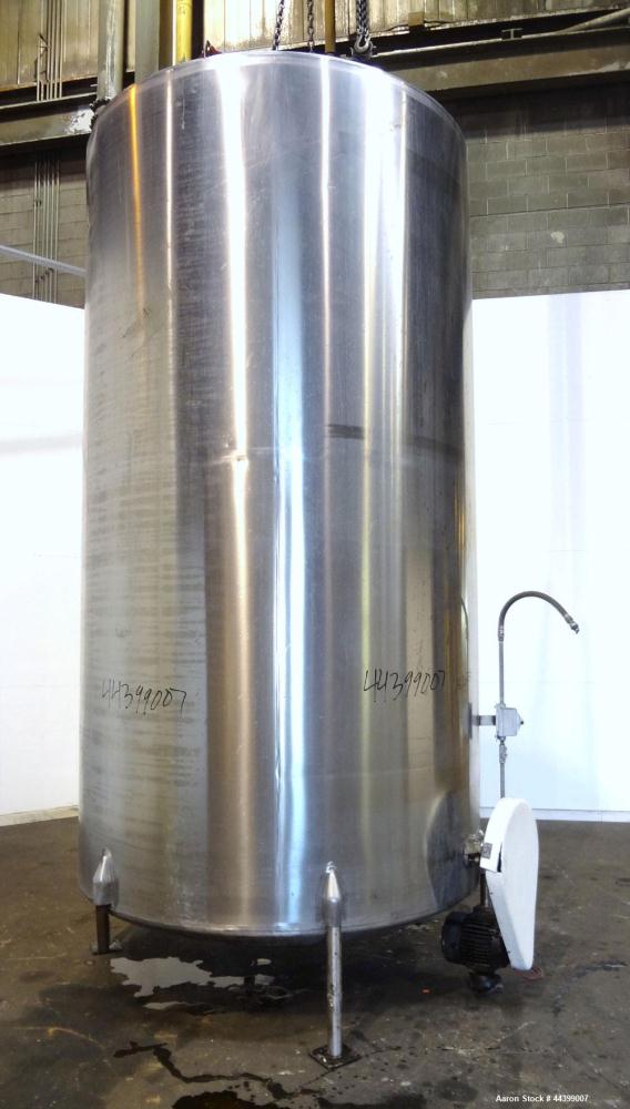 Used Perma-San Tank, 3000 Gallon, 304 Stainless Steel, Vertical.  Approximately 80" diameter x 143" straight side, flat welded top, dished bottom.  Side bottom entering agitator with a 3 blade prop, ...