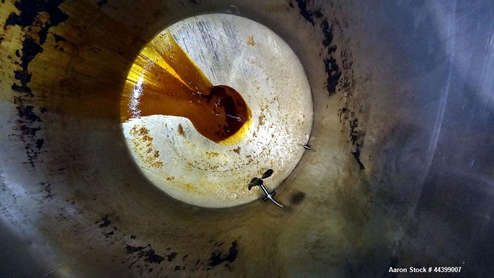 Used Perma-San Tank, 3000 Gallon, 304 Stainless Steel, Vertical.  Approximately 80" diameter x 143" straight side, flat welded top, dished bottom.  Side bottom entering agitator with a 3 blade prop, ...