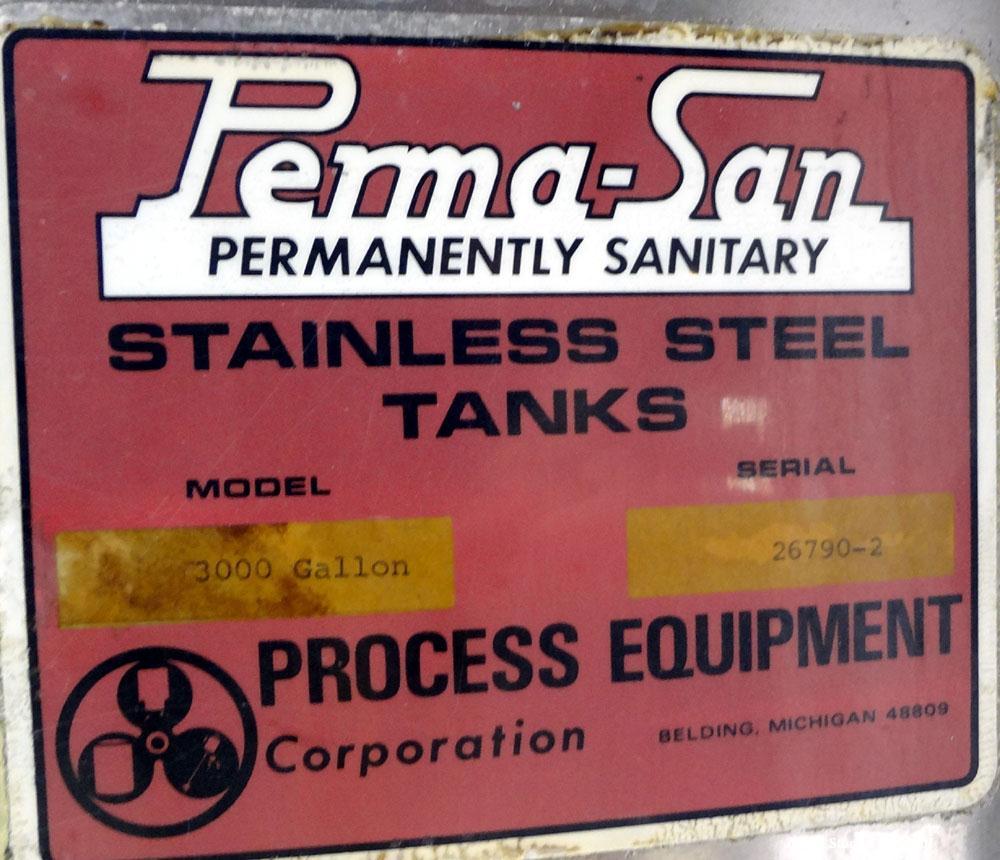 Used Perma-San Tank, 3000 Gallon, 304 Stainless Steel, Vertical.  Approximately 80" diameter x 143" straight side, flat welded top, dished bottom.  Side bottom entering agitator with a 3 blade prop, ...
