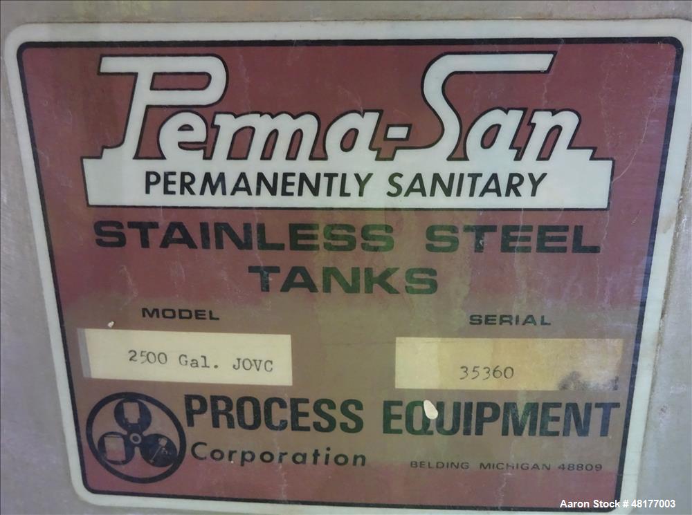 Used Perma-San Jacketed Mix Tank, 2,500 Gallon, 304 Stainless Steel, Vertical.