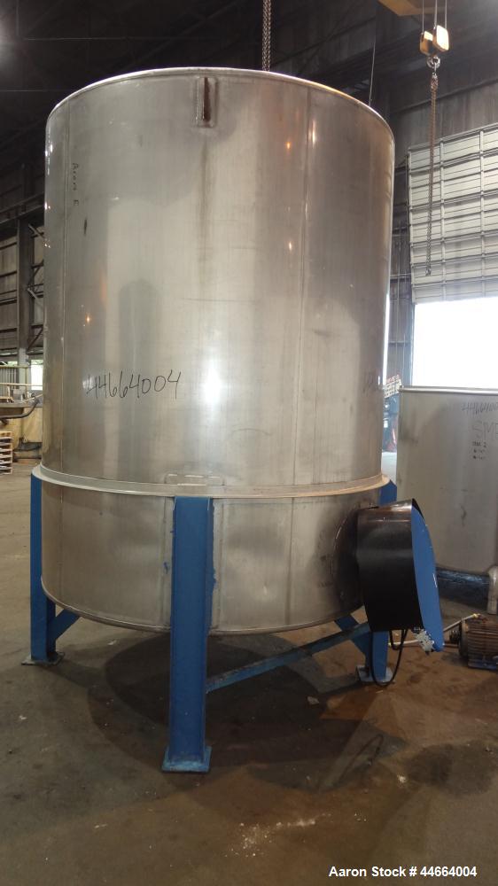 Used Perry Products Tank, 1850 Gallons, 304 Stainless Steel, Vertical. 78" Diameter x 96" straight side, cone top and bottom. Side bottom entering agitator with a (3) blade prop driven by a 5 hp, 3/6...