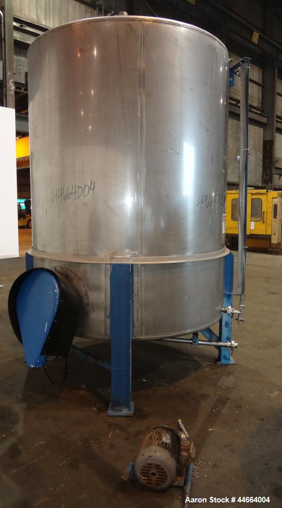 Used Perry Products Tank, 1850 Gallons, 304 Stainless Steel, Vertical. 78" Diameter x 96" straight side, cone top and bottom. Side bottom entering agitator with a (3) blade prop driven by a 5 hp, 3/6...