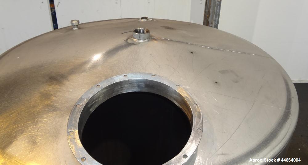Used Perry Products Tank, 1850 Gallons, 304 Stainless Steel, Vertical. 78" Diameter x 96" straight side, cone top and bottom. Side bottom entering agitator with a (3) blade prop driven by a 5 hp, 3/6...