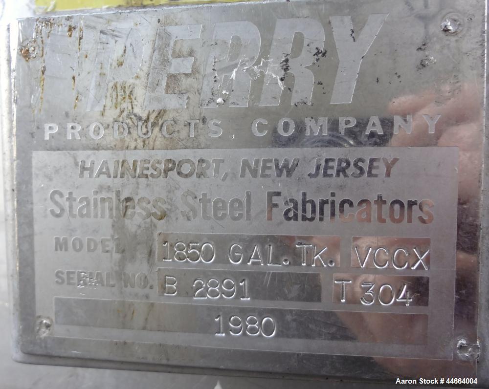 Used Perry Products Tank, 1850 Gallons, 304 Stainless Steel, Vertical. 78" Diameter x 96" straight side, cone top and bottom. Side bottom entering agitator with a (3) blade prop driven by a 5 hp, 3/6...