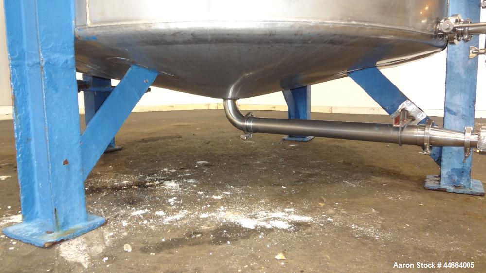 Used Tank, 2000 Gallons, 304 Stainless Steel, Vertical. 78" Diameter X 96" straight side, cone top and bottom. Side bottom entering agitator with a (3) blade prop driven by a 3 hp, 3/60/230/460 volt,...