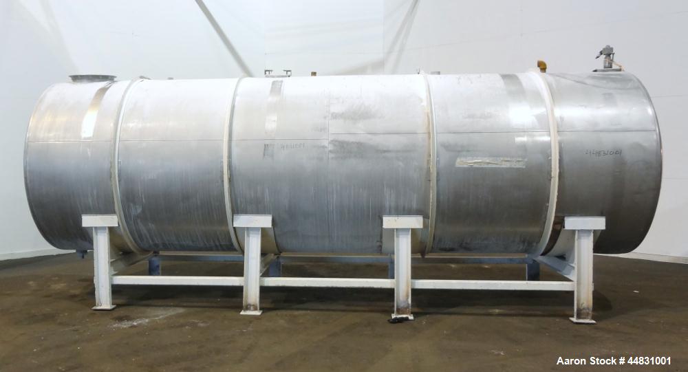 Used Perry Products Tank, 4700 Gallon, 304 Stainless Steel, Horizontal. Approximately 76" diameter x 240" straight side, dished ends.  End top mounted air operated agitator with blades.  Openings:  t...